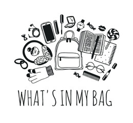 Hand drawn Fashion Illustration What is in my bag. Vector picture
