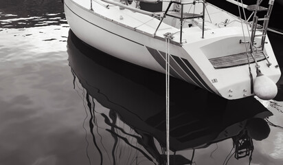 Calm, serene monochrome seascape. A fragment of a sailing pleasure boat, moored in the marina, is reflected in the calm waters of the bay in the rays of the setting sun. Bay of Kotor, Montenegro