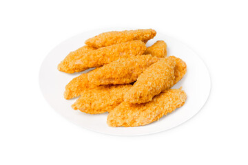 Fast homemade food.Fast food.Chicken breaded nuggets on a white plate.Raw chicken fillet inner, sprinkled with bright breading.