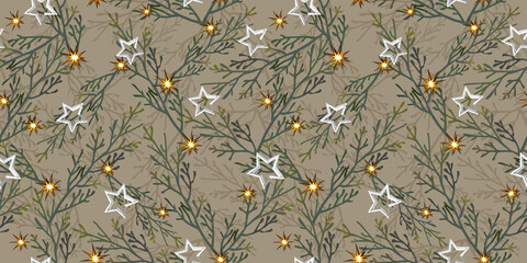 Stoffe zum Nähen Stars, lights and branches christmas holiday seamless pattern