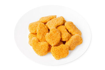 Fast food.Chicken breaded nuggets on a white plate.Raw chicken fillet inner, sprinkled with bright breading.