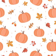 Pumpkin pattern with autumn leaves. Seasonal background. Cute vector illustration