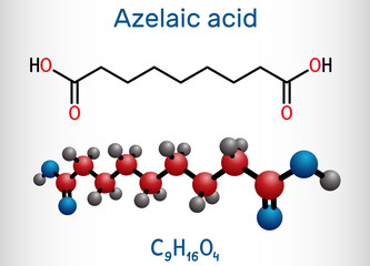 Azelaic acid, AzA, nonanedioic acid molecule. It is saturated dicarboxylic acid, is effective against a number of skin conditions, acne. Structural chemical formula, molecule model