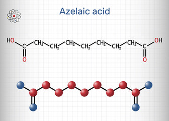 Obraz premium Azelaic acid, AzA, nonanedioic acid molecule. It is saturated dicarboxylic acid, is effective against a number of skin conditions, acne. Sheet of paper in a cage. Vector