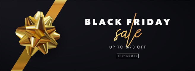 Fototapeta na wymiar Black Friday Sale banner background. Gold realistic ribbon and golden sale text. Vector illustration for Christmas design, party, sale, discount, poster, header website.