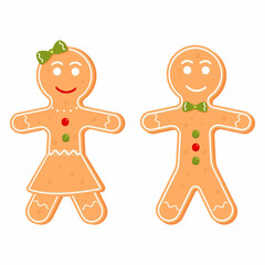 Gingerbread man and girl character, Christmas cookie. Cartoon vector illustration isolated on white background