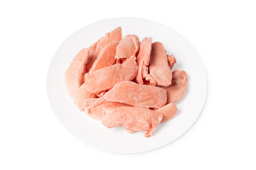 Raw frozen chicken thigh meat on a white plate on a white isolated background.