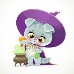 Cute cartoon baby cat in the wizard's hat and cloak brews a potion from ingredient in bottle in cauldron isolated on white background