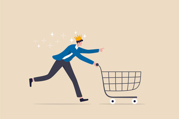 Customer is king, client want is most important, user experience or customer centric marketing strategy concept, happy man customer wearing king crown running with shopping cart ready to buy product. - obrazy, fototapety, plakaty