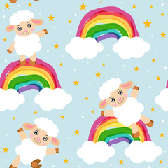 Seamless pattern of cute lamb and rainbow sky

