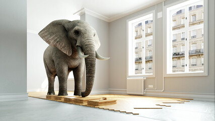 Belastbares Parkett mit schwerem Elefant auf dem Holz - obrazy, fototapety, plakaty