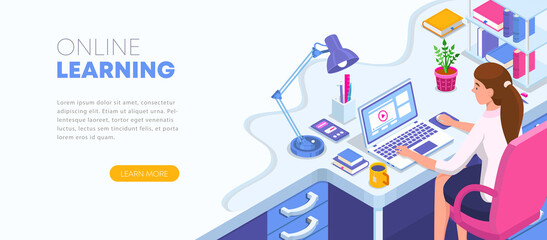 Learning online at home. Student sitting at desk and looking at laptop. E-learning banner. Web courses or tutorials concept. Distance education flat isometric vector illustration.
