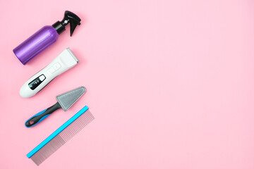 pet care and grooming tools on a pink background.