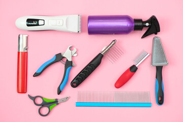 pet care and grooming tools on a pink background.