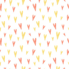 Watercolor cute hearts on white background seamless pattern. Red and yellow heart repeat print. Valentine ornament for textile, fabric, wallpaper, wrapping paper, design and decoration.