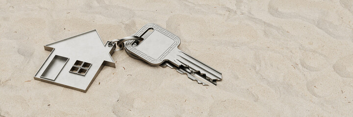 Zwei verlorene Schlüssel mit Haus liegen im Sand - obrazy, fototapety, plakaty