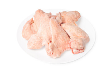 Raw frozen wings for a supermarket.Raw wings on a white background, isolade.Close up, space for text, copy space.