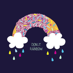 Colorful donut rainbow with glitter texture. Kids cute graphic. Vector hand drawn illustration. - 458260044