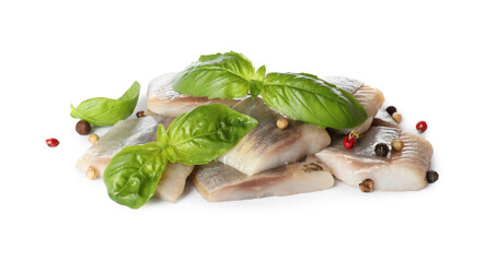 Delicious salted herring slices with basil and peppercorns on white background