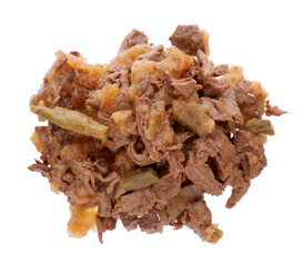 Pile of wet pet food isolated on white, top view
