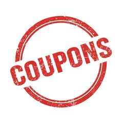 COUPONS text written on red grungy round stamp.