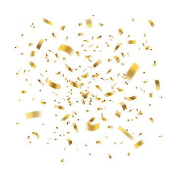 Confetti golden. Gold tinsel explosion foil and ribbons, realistic yellow glitter serpentine. Carnival and grand opening background, christmas and birthday party decor vector illustration