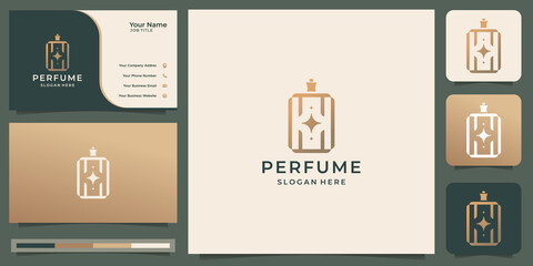 luxury square bottle perfume logo and business card design. logo for fashion,elegant,feminine salon.