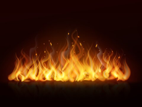 Flame line realistic. Hot fireplace flames burning fiery wall warm fire, blazing bonfire red and orange color effect. Horizontal background on black. Banner or poster isolated vector element