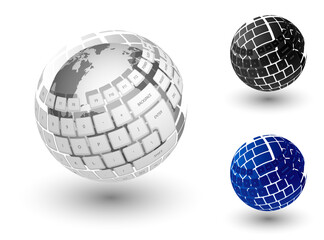 Realistic ball and keys of computer keyboard soars in air. Digital technologies and development of Internet equipment. Isolated 3D vector on white background