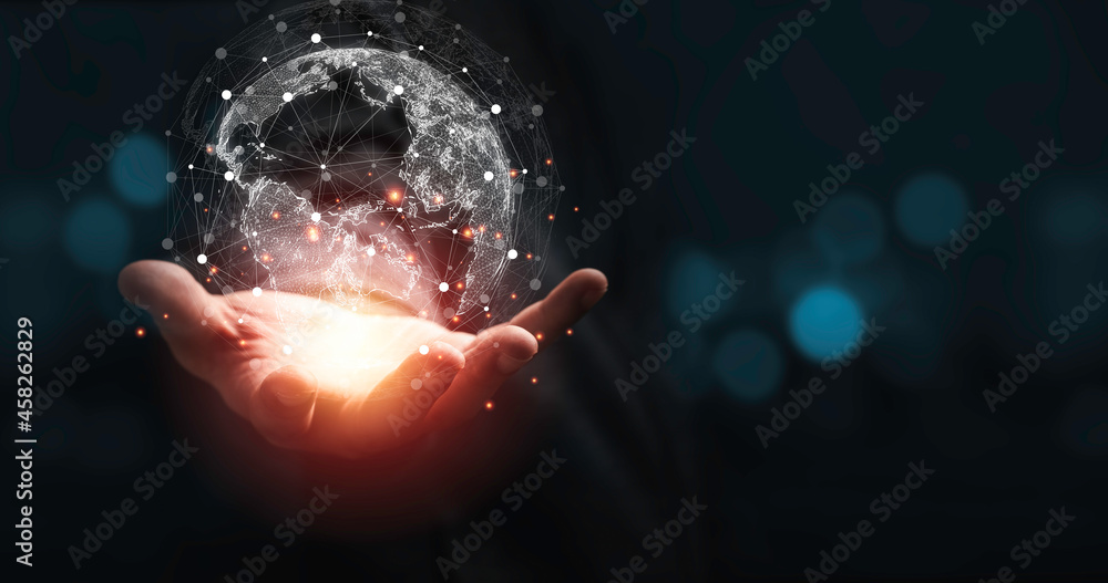 Aufkleber hand holding virtual world with copy space and blue bokeh background for technology information and 