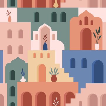 Abstract architecture. Minimalist geometric building shapes seamless pattern, moroccan oriental streets, bohemian aesthetic. Vector concept. Decor textile, wrapping paper, print or fabric