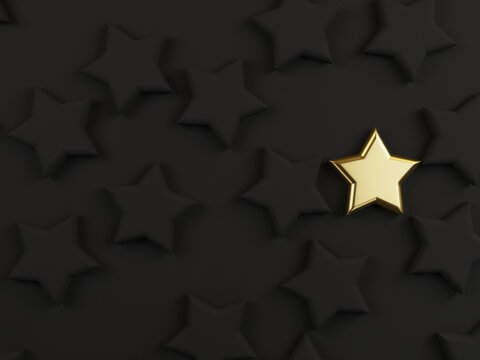 Golden star among black stars on dark background for different thinking idea or outstanding performance concept by 3d rendering.