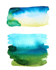 Turquoise-yellow-green watercolor strokes. Watercolor texture with gradient isolated on white background.