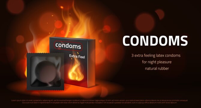 Realistic condom poster. Latex contraceptive intimate product, passion fire packaging on black background, burning sexual safety, safe love method, horizontal banner, vector 3d concept