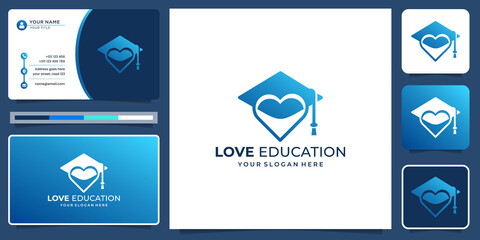 love education logo. hat toga logo with love silhouette shape concept. creative love education logo inspiration