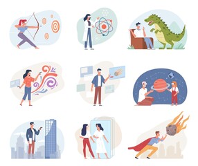 Fototapeta premium Augmented reality people. Men or women interact with electronic technology in entertainment, medicine and construction spheres. Vector set of working and playing persons in VR glasses