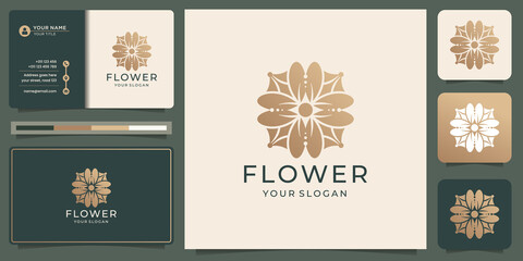 luxury flower logo design template with business card. gold color, floral, abstract, beauty logo.