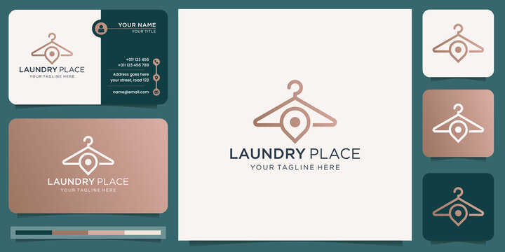 creative hangers laundry logo with pin marker design concept. logo and business card template.