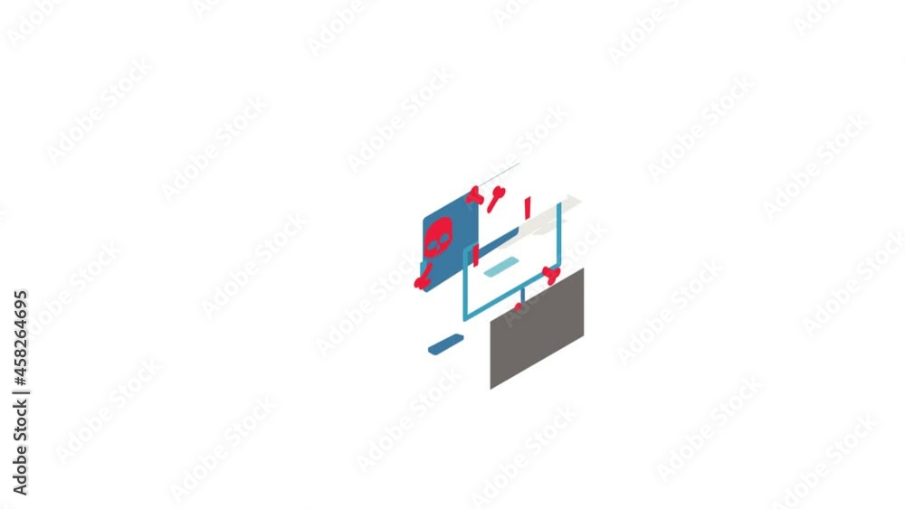 Poster computer monitor with a skull and bones icon animation isometric best object on white backgound