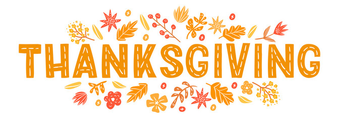 Decorative lettering for Thanksgiving Day with autumn design elements. illustrations for banners, cards, posters and invitations.