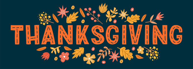 Decorative lettering for Thanksgiving Day with autumn design elements. illustrations for banners, cards, posters and invitations.