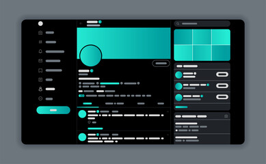 Design concept for website layout and user interface development. Mock up social network page. Vector illustration in black flat style. UI UX template