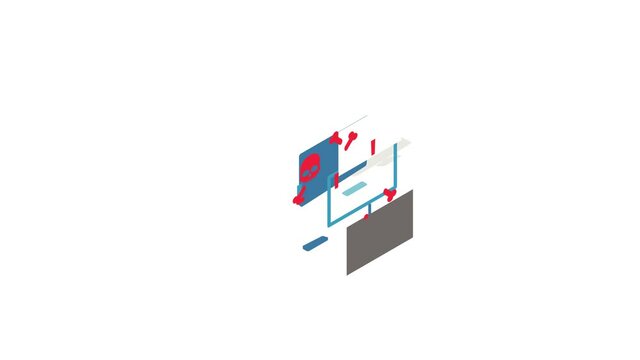 Computer monitor with a skull and bones icon animation isometric best object on white backgound