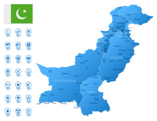 Blue map of Pakistan administrative divisions with travel infographic icons.