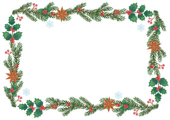 手描き風　クリスマス　モミの木（クリスマスツリー）と木の実のドライフラワーラインフレーム