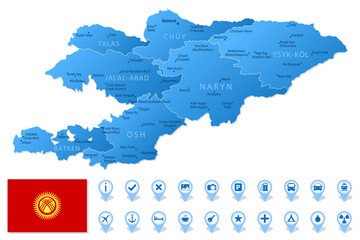 Obraz premium Blue map of Kyrgyzstan administrative divisions with travel infographic icons.