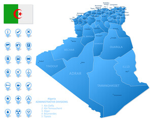 Blue map of Algeria administrative divisions with travel infographic icons.