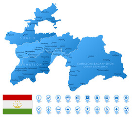 Blue map of Tajikistan administrative divisions with travel infographic icons.