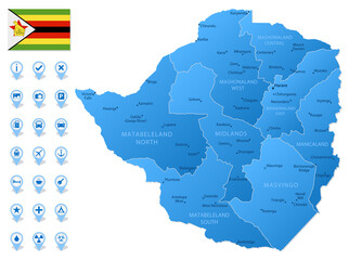Blue map of Zimbabwe administrative divisions with travel infographic icons. - obrazy, fototapety, plakaty