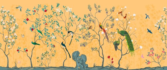 Fototapety  Chinoiserie Vintage kwiatowy ilustracja tapety, tkaniny, opakowania. Fresk. Kwiat. Bezszwowe tło z egzotycznymi ptakami i kwiatami